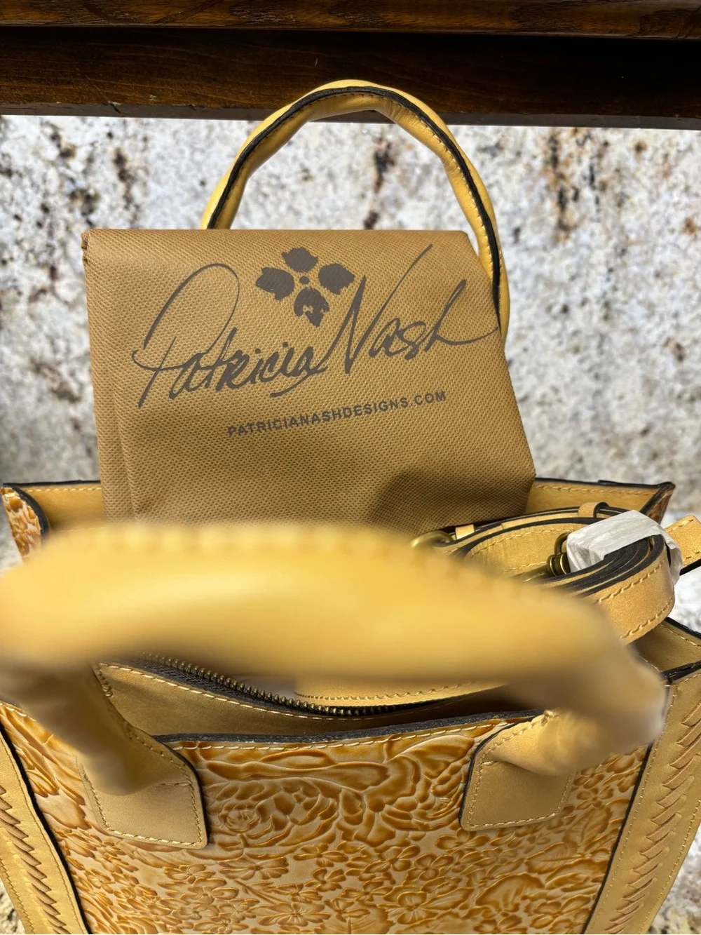 Patricia Nash Mustard Yellow Tan Floral Embossed Leather Satchel